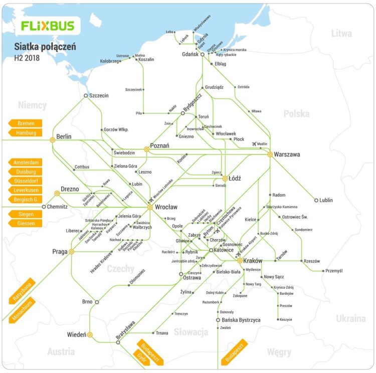 mapa połączeń Flixbusa