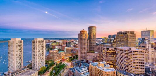 Boston, Massachusetts, USA downtown cityscape at dusk.