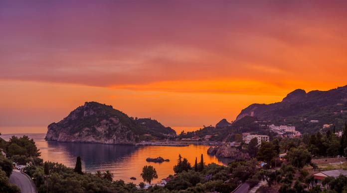 Paleokastritsa at sunset in COrfu