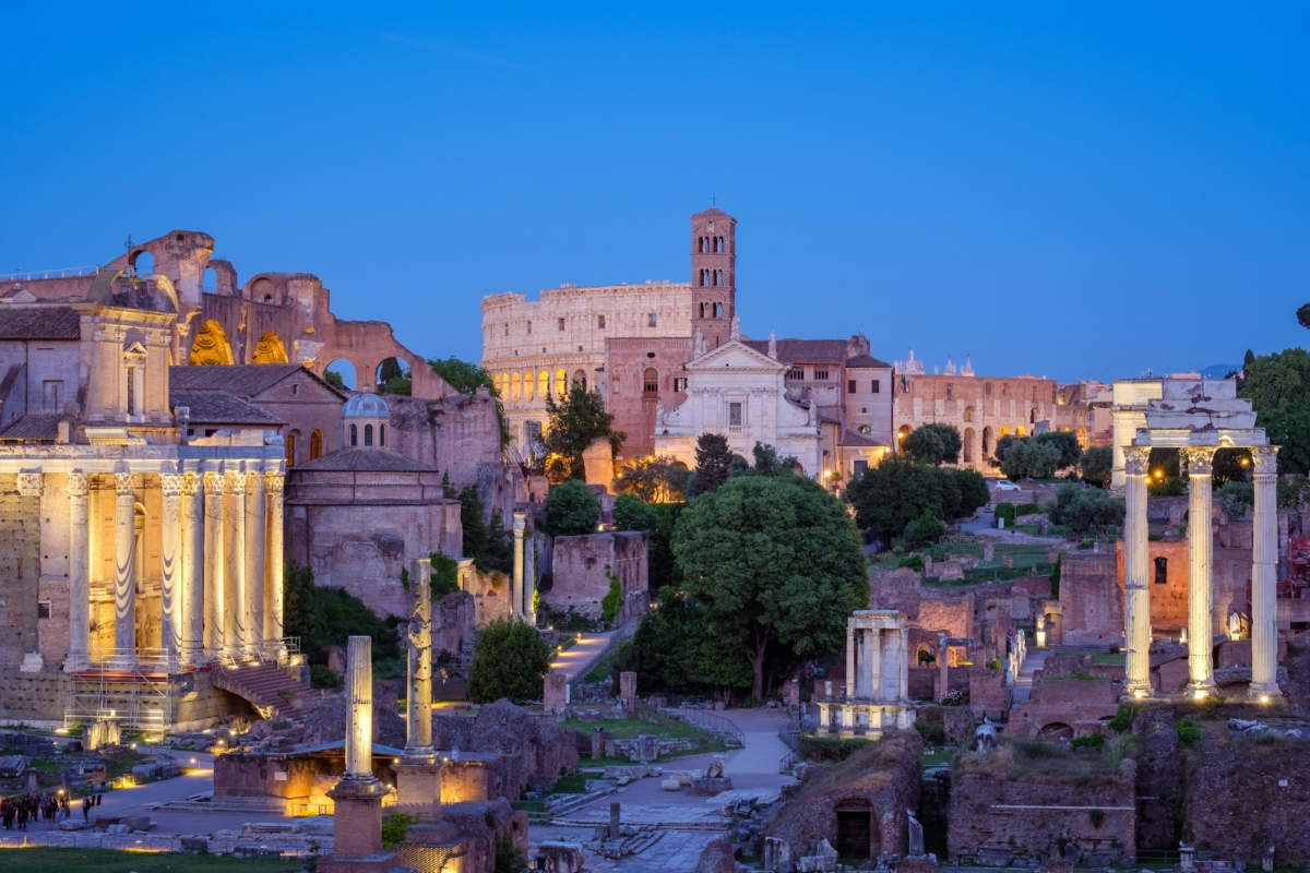 Forum Romanum and Colosseum in Rome after sunset