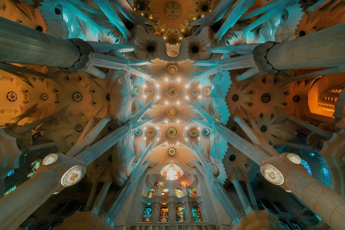 Gaudi Masterpiece Sagrada Familia Basilica.UNESCO World Heritage.View of interior,Impressive facade