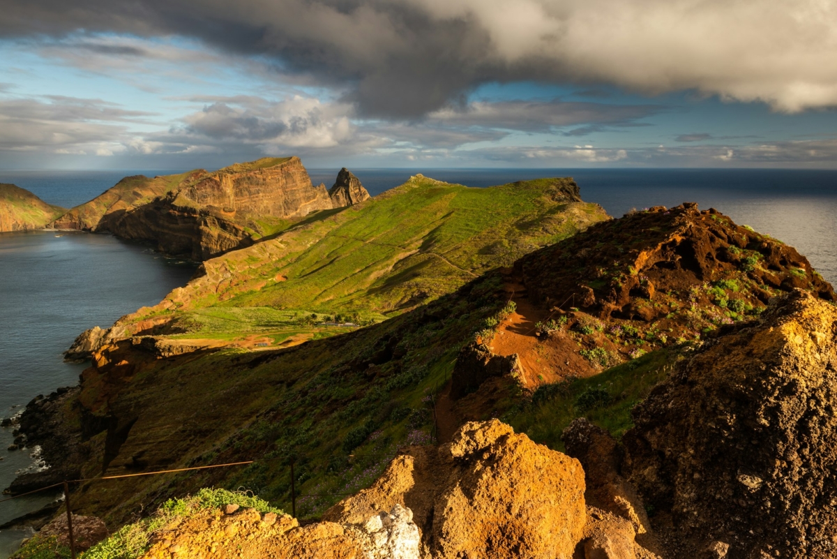 Hiking trial Vereda da Ponta de Sao Lourenco at spring sunrise in Madeira, Portugal