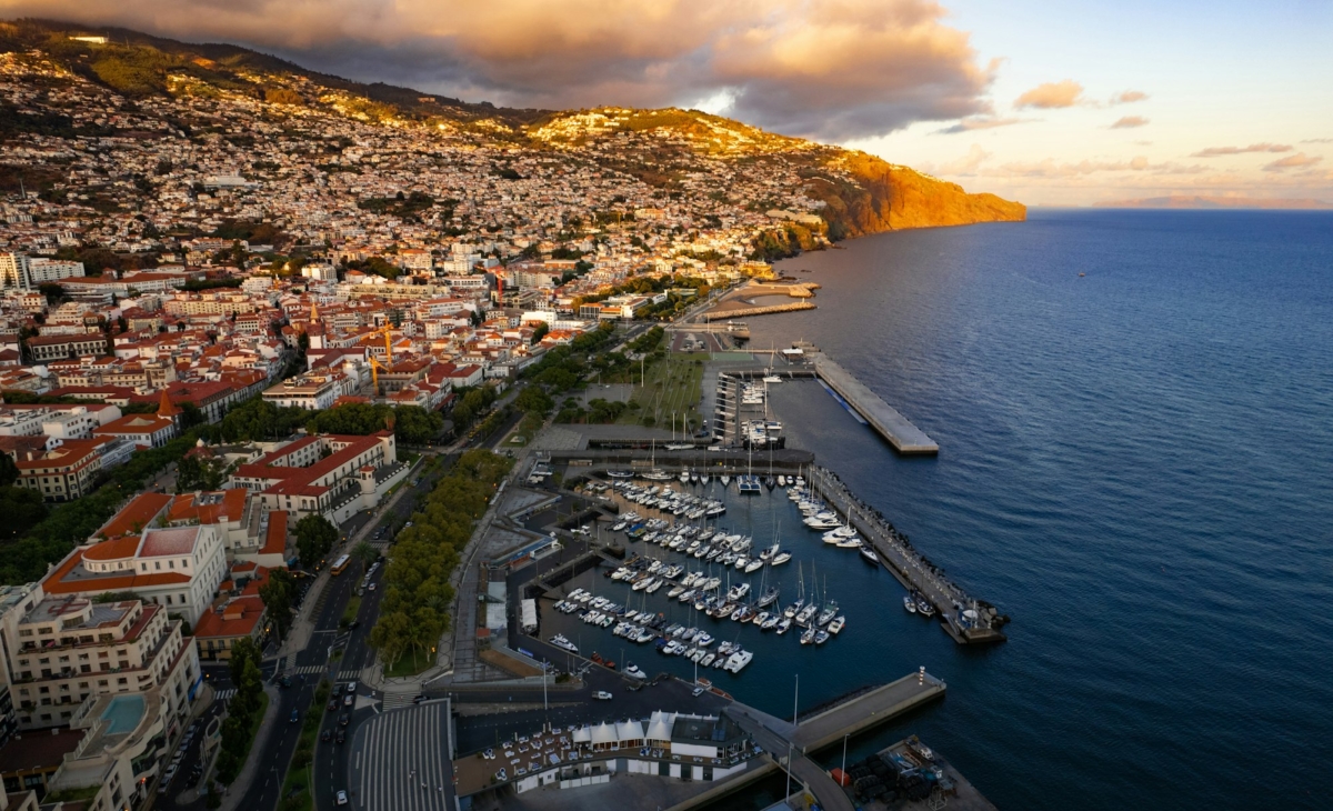 Scenery of coastal city in sunset