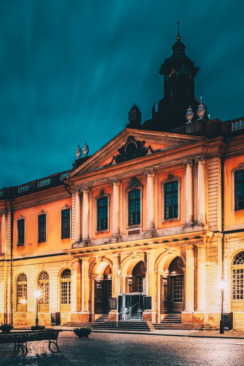 Stockholm, Sweden. Famous Old Swedish Academy and Nobel Museum In Old Square Stortorget In Gamla