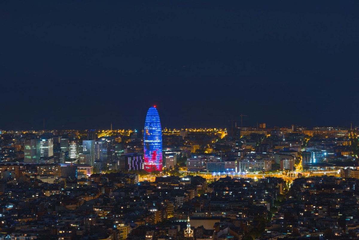 View of Barcelona city and costline in spring from the Bunkers in Carmel in the night.