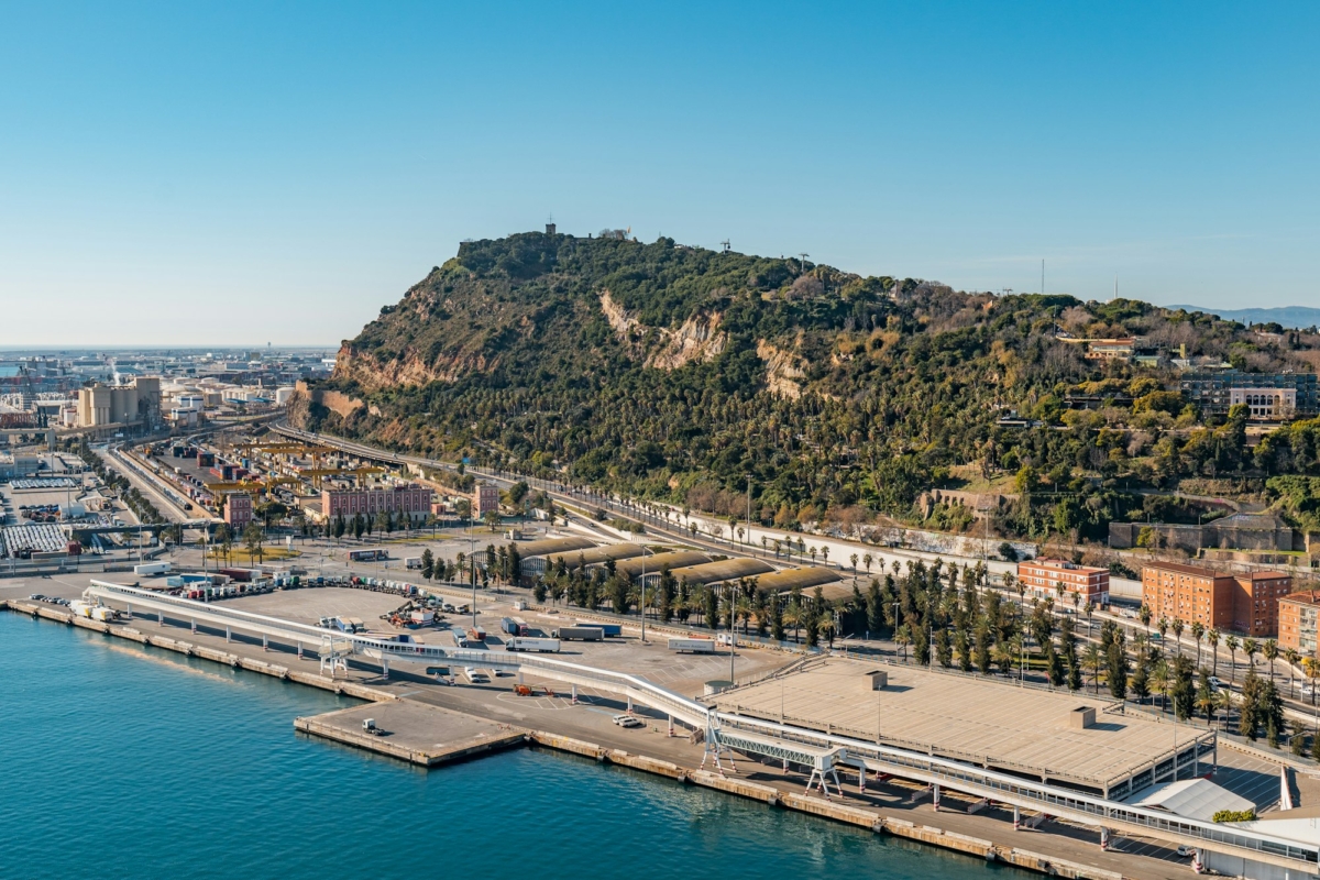 Aerial view of Montjuic mountain from Montjuic Cable Car (Teleferic de Montjuic). Barcelona