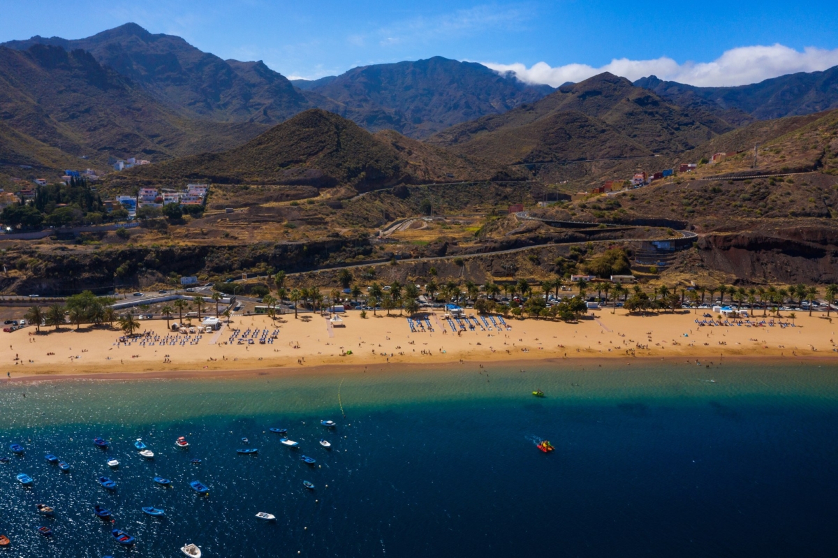 Aerial view of the golden sand, palm trees on the beach Las Teresitas, Tenerife, Canaries, Spain