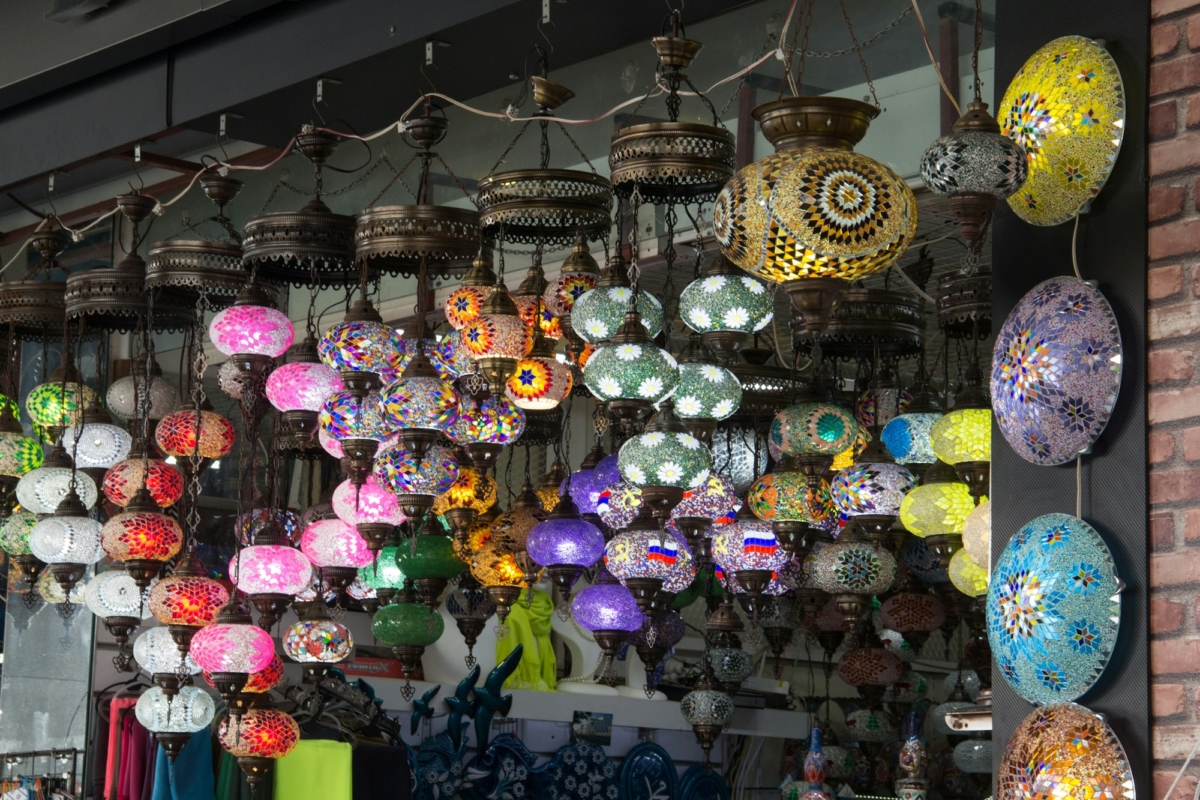 Colored glass lanterns. Turkish glass lanterns at the bazaar