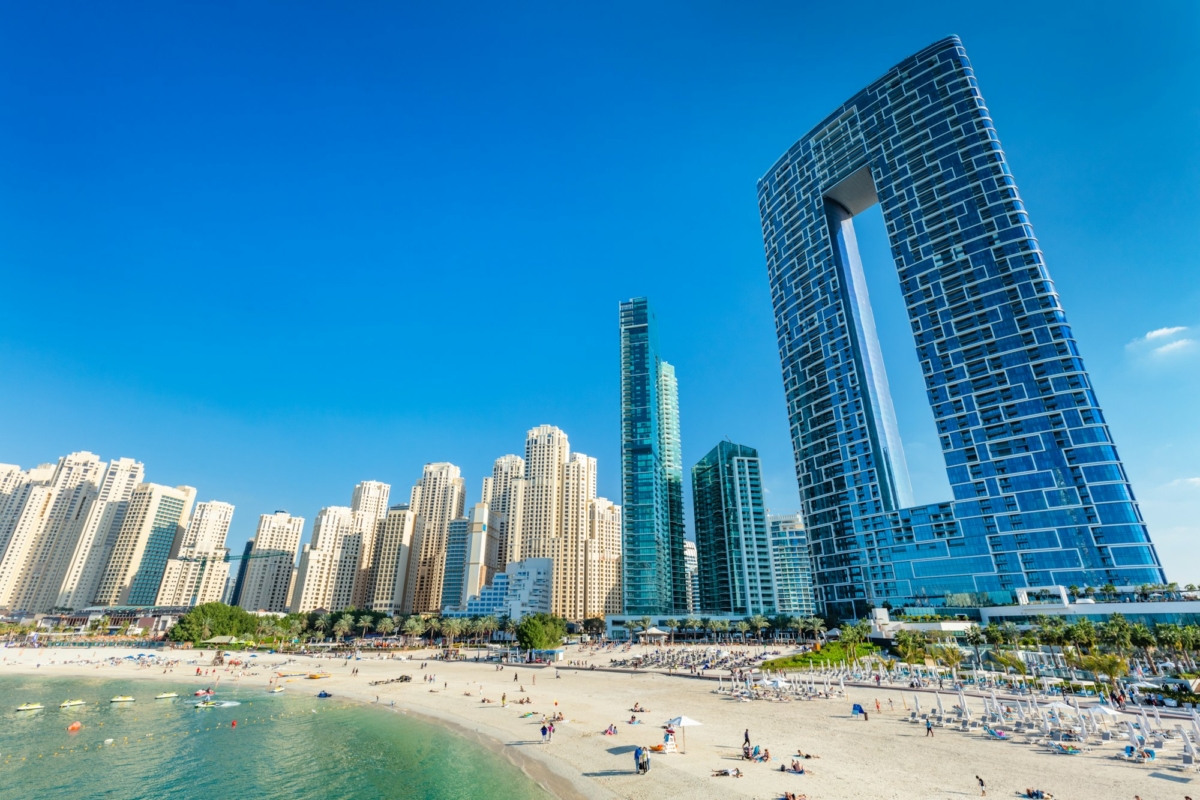 Dubai jumeirah beach with marina skyscrapers in UAE