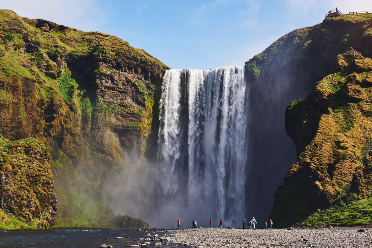 Great waterfall Skogafoss in south of Iceland near the town of Skogar. Dramatic and picturesque