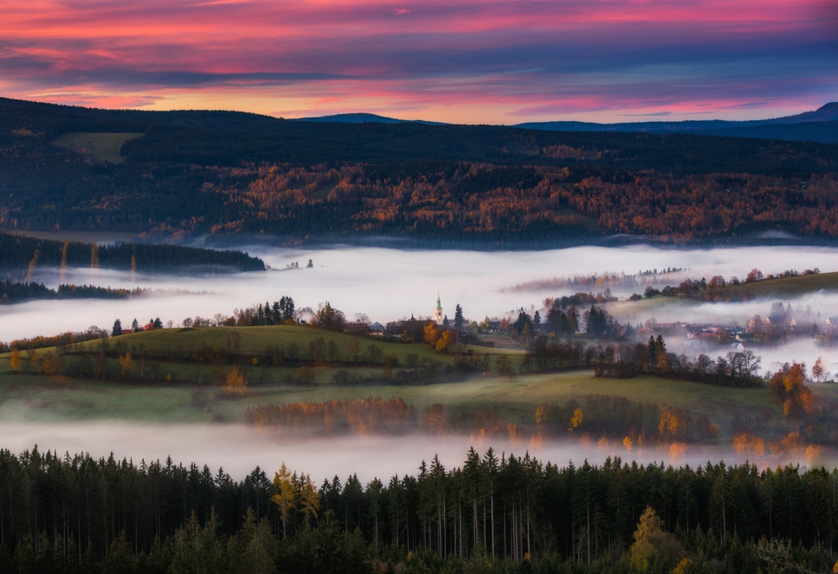 Misty morning with sunrise in a valley of Bohemian Sumava national park. Detail of forest, landscape