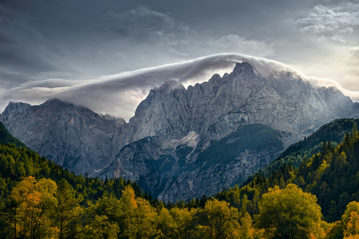 Mountain range landscape view near Lake Jasna, Triglav NP, Slovenia