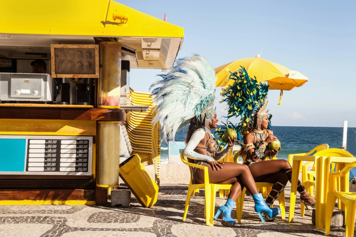 Samba dancers taking a break, Ipanema Beach, Rio De Janeiro, Brazil