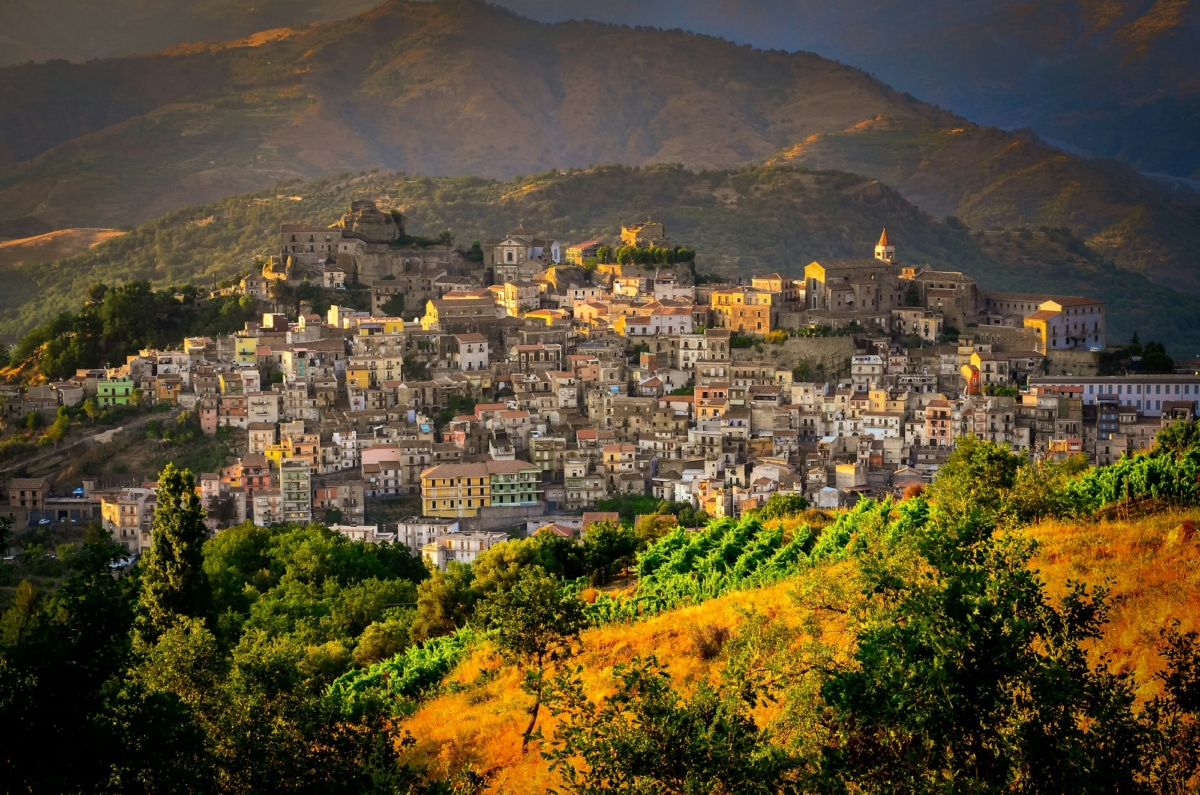 Scenic sunset view of Castiglione di Sicilia village, Sicily