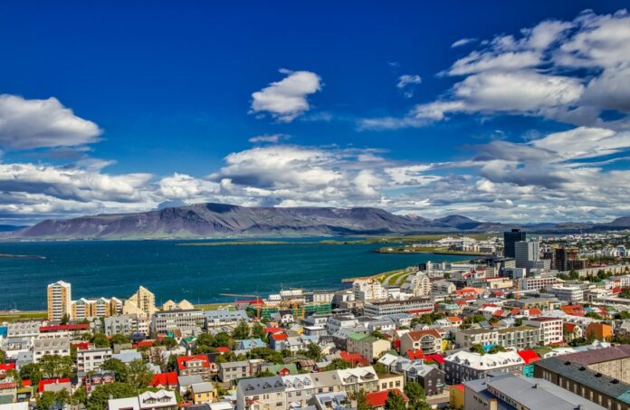 Aerial shot of the cityscape of Reykjavik, on the coast of Iceland