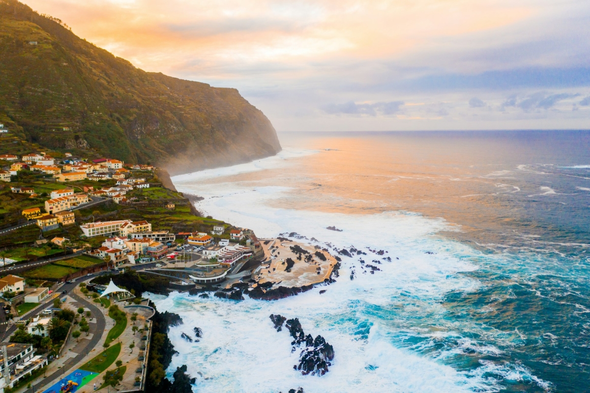 Aerial view of the village of Porto Moniz in Madeira Island, Portugal