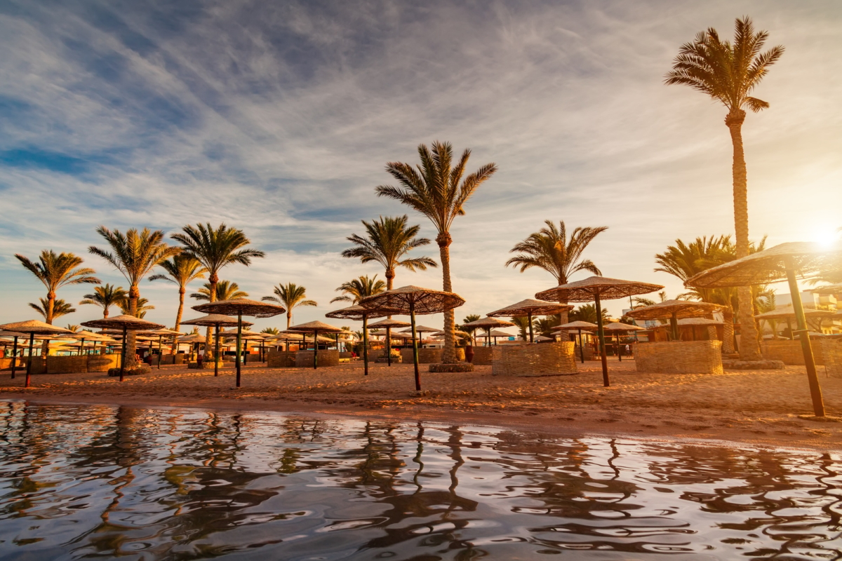 Beautiful romantic sunset over a sandy beach and palm trees. Egypt. Hurghada