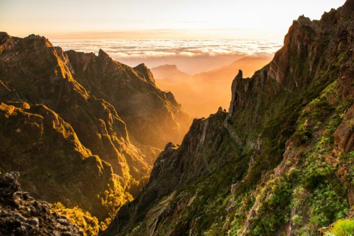 Beautiful sunrise in Madeira highest mountains range. Madeira, Portugal