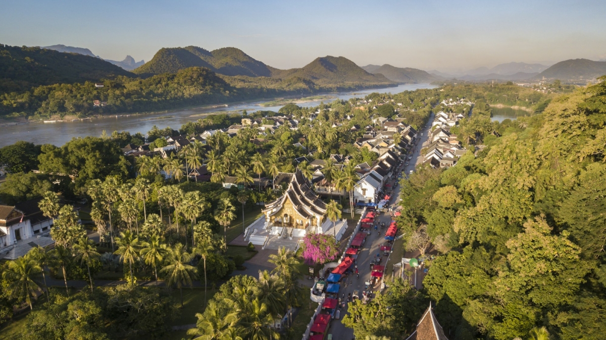 Drone aerial view of Luang Prabang an UNESCO World Heritage city in Laos.