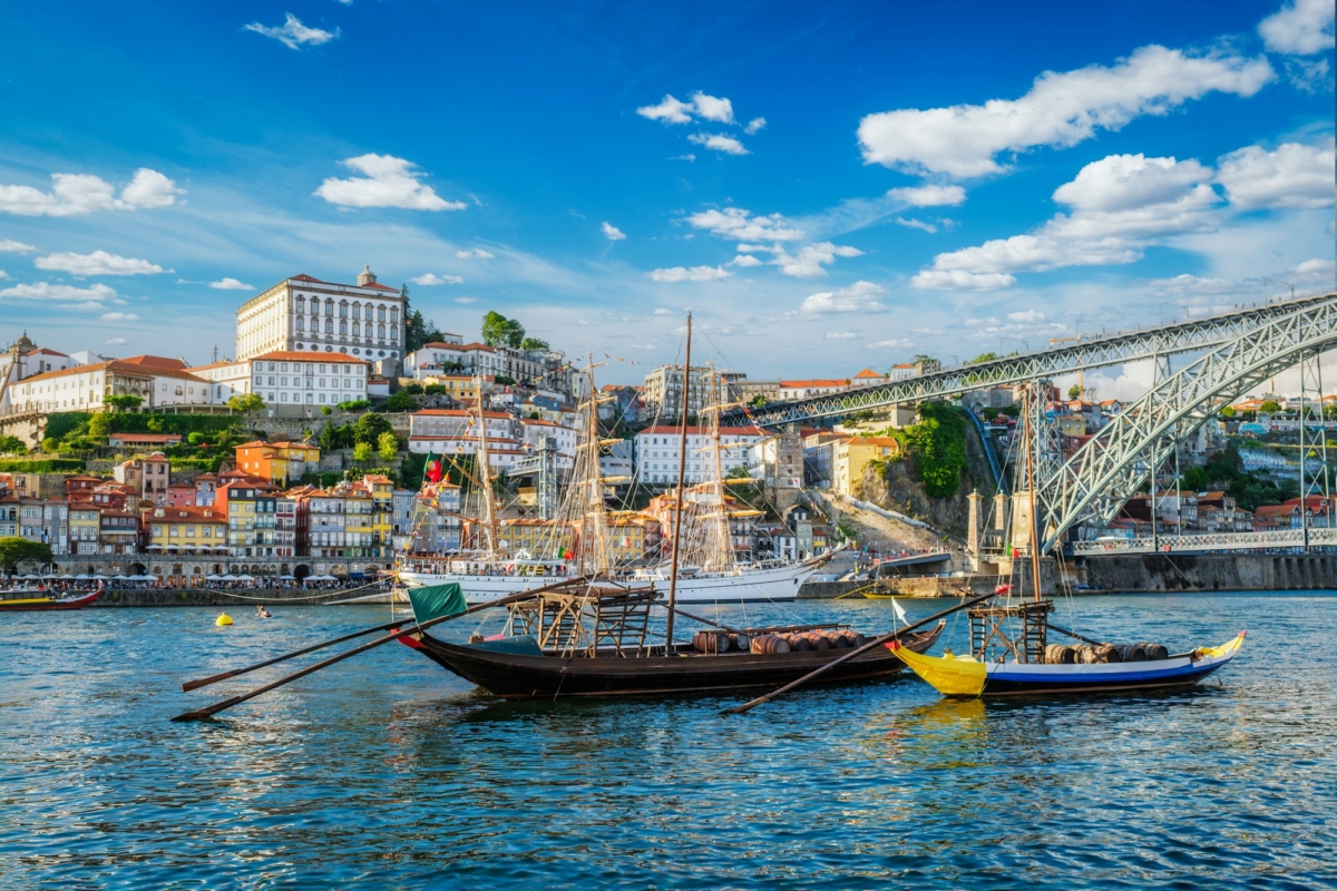 View of Porto city over Douro river. Porto, Vila Nova de Gaia, Portugal