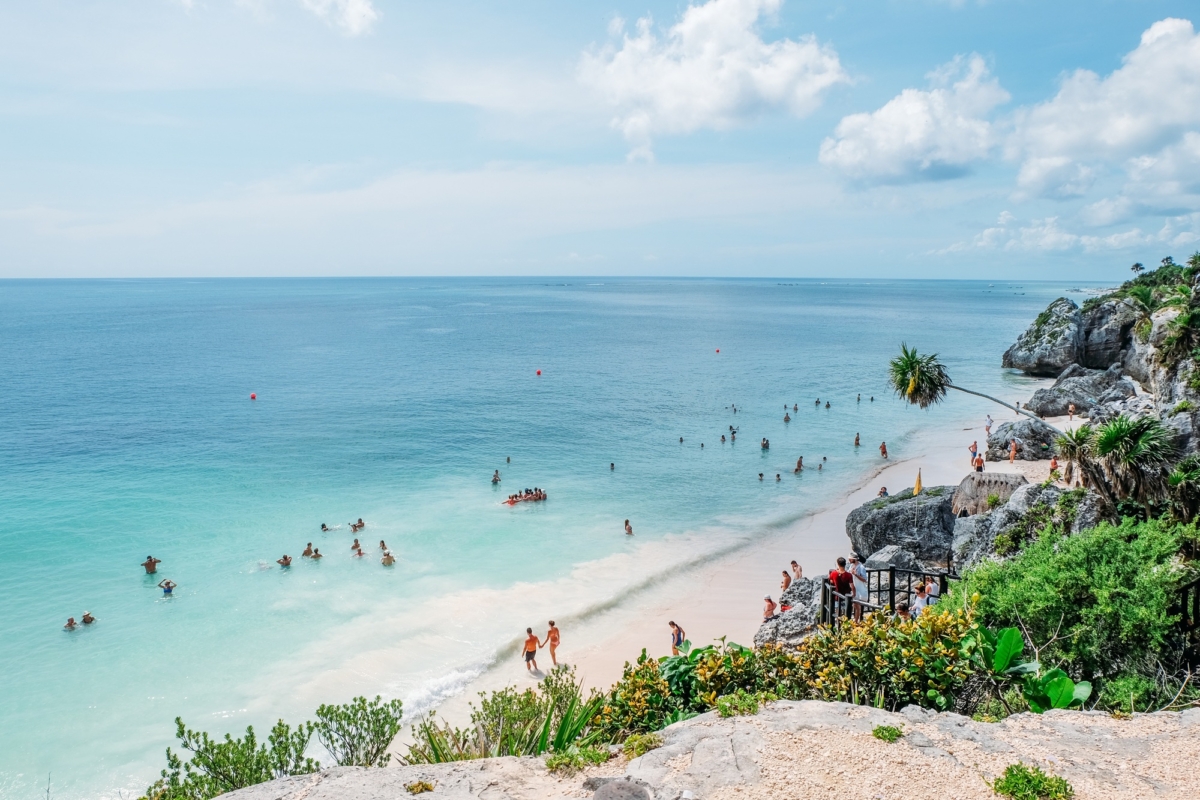 Tulum beach in Mexico during the summer with people